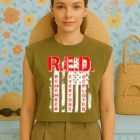 RED Remember Everyone Deployed Distressed Flag Garment-Dyed Women's Muscle Tee