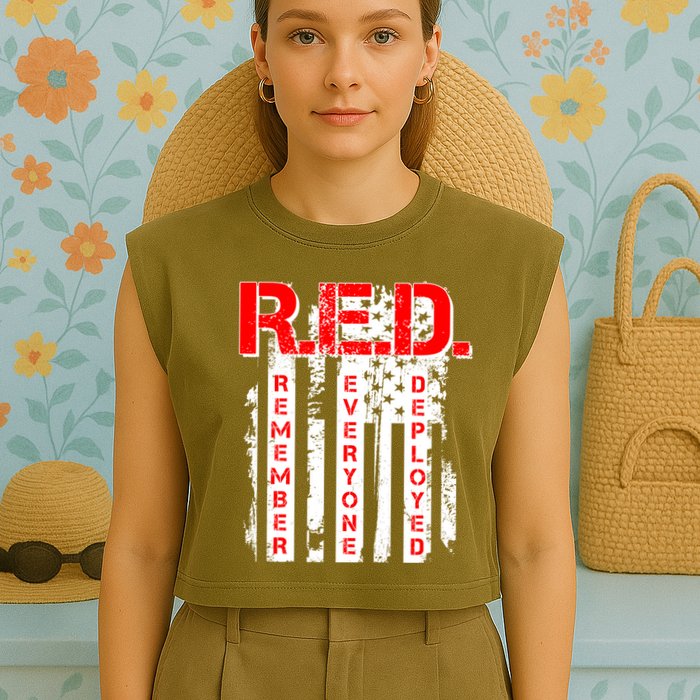 RED Remember Everyone Deployed Distressed Flag Garment-Dyed Women's Muscle Tee