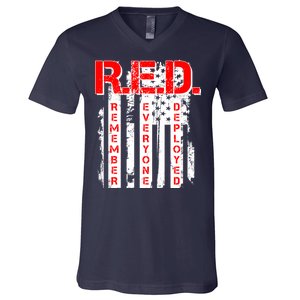 RED Remember Everyone Deployed Distressed Flag V-Neck T-Shirt