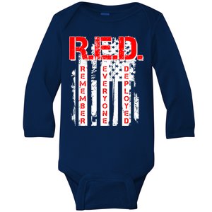 RED Remember Everyone Deployed Distressed Flag Baby Long Sleeve Bodysuit