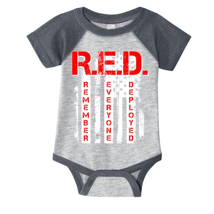 RED Remember Everyone Deployed Distressed Flag Infant Baby Jersey Bodysuit