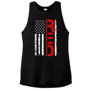 RED Remember Everyone Deployed Distressed US Flag Ladies PosiCharge Tri-Blend Wicking Tank