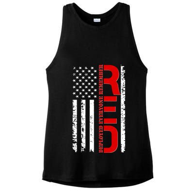 RED Remember Everyone Deployed Distressed US Flag Ladies PosiCharge Tri-Blend Wicking Tank