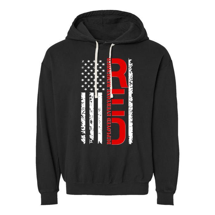 RED Remember Everyone Deployed Distressed US Flag Garment-Dyed Fleece Hoodie