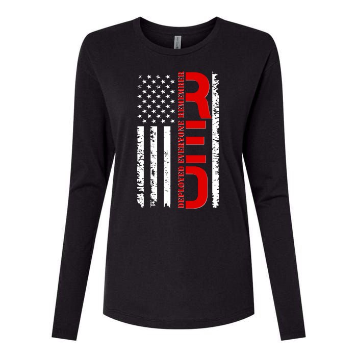 RED Remember Everyone Deployed Distressed US Flag Womens Cotton Relaxed Long Sleeve T-Shirt