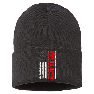 RED Remember Everyone Deployed Distressed US Flag Sustainable Knit Beanie