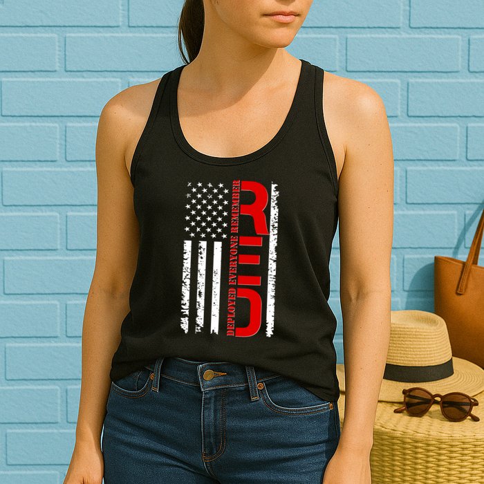 RED Remember Everyone Deployed Distressed US Flag Womens Tank Top