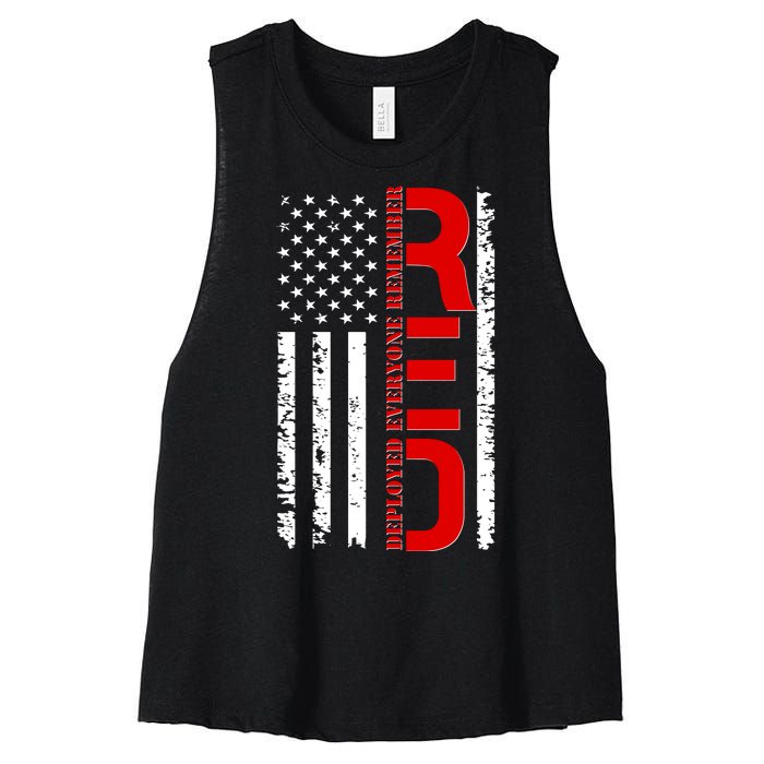 RED Remember Everyone Deployed Distressed US Flag Women's Racerback Cropped Tank