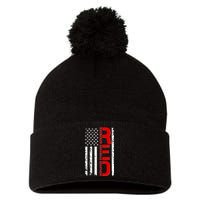 RED Remember Everyone Deployed Distressed US Flag Pom Pom 12in Knit Beanie