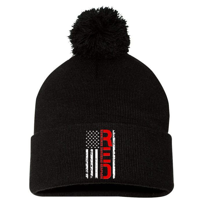 RED Remember Everyone Deployed Distressed US Flag Pom Pom 12in Knit Beanie