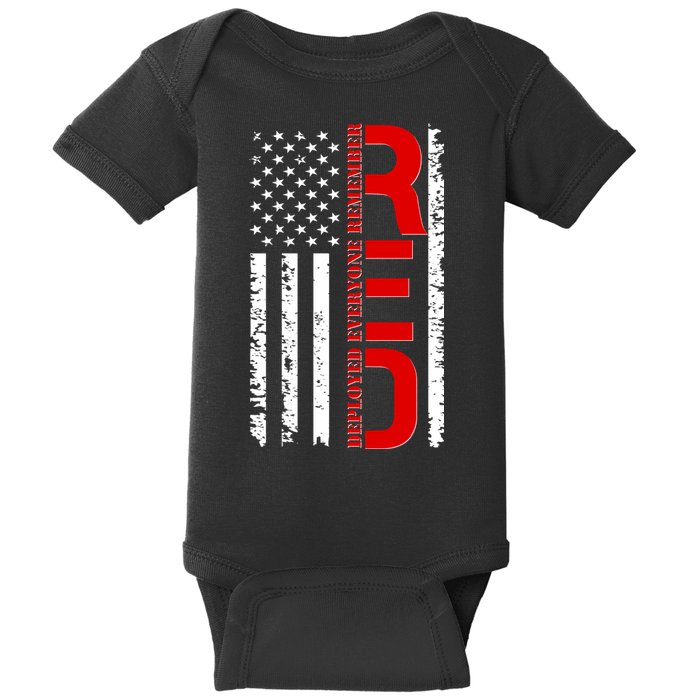 RED Remember Everyone Deployed Distressed US Flag Baby Bodysuit