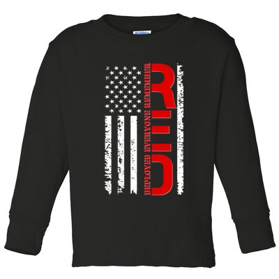 RED Remember Everyone Deployed Distressed US Flag Toddler Long Sleeve Shirt