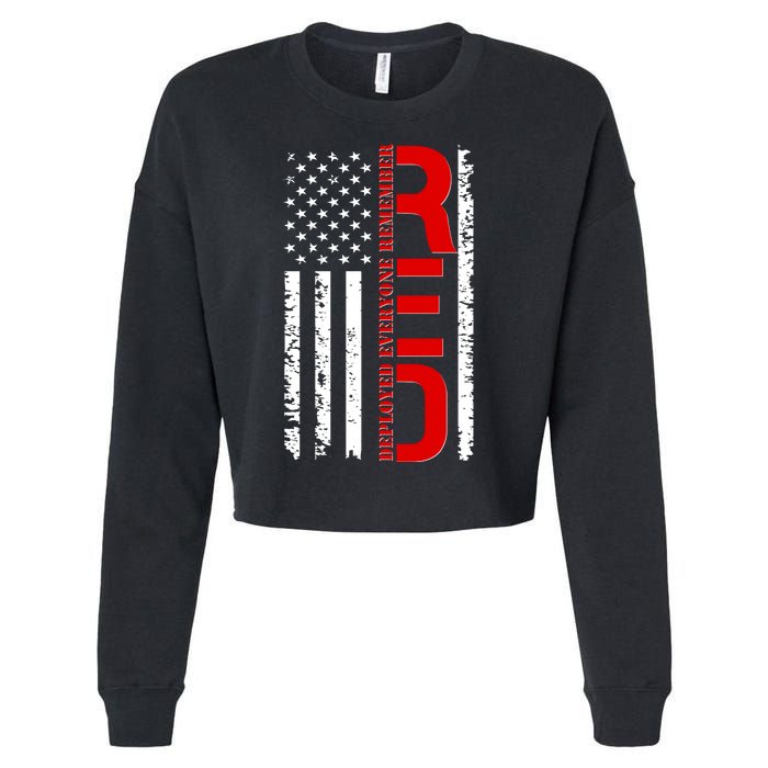 RED Remember Everyone Deployed Distressed US Flag Cropped Pullover Crew