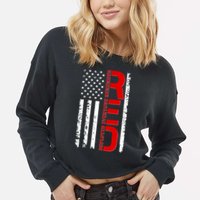 RED Remember Everyone Deployed Distressed US Flag Cropped Pullover Crew