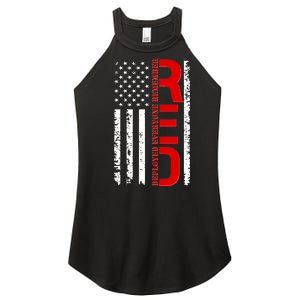 RED Remember Everyone Deployed Distressed US Flag Women's Perfect Tri Rocker Tank