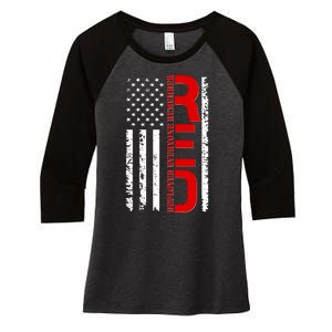 RED Remember Everyone Deployed Distressed US Flag Women's Tri-Blend 3/4-Sleeve Raglan Shirt