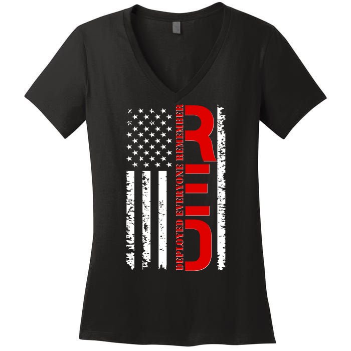 RED Remember Everyone Deployed Distressed US Flag Women's V-Neck T-Shirt