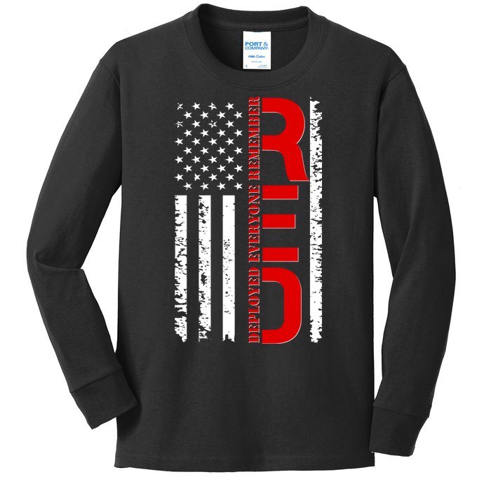 RED Remember Everyone Deployed Distressed US Flag Kids Long Sleeve Shirt