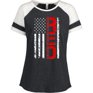 RED Remember Everyone Deployed Distressed US Flag Enza Ladies Jersey Colorblock Tee