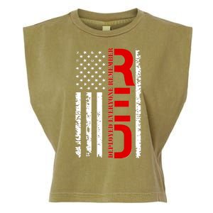 RED Remember Everyone Deployed Distressed US Flag Garment-Dyed Women's Muscle Tee