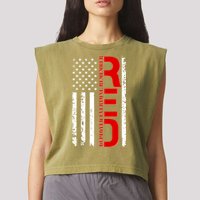 RED Remember Everyone Deployed Distressed US Flag Garment-Dyed Women's Muscle Tee