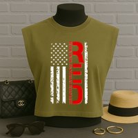 RED Remember Everyone Deployed Distressed US Flag Garment-Dyed Women's Muscle Tee