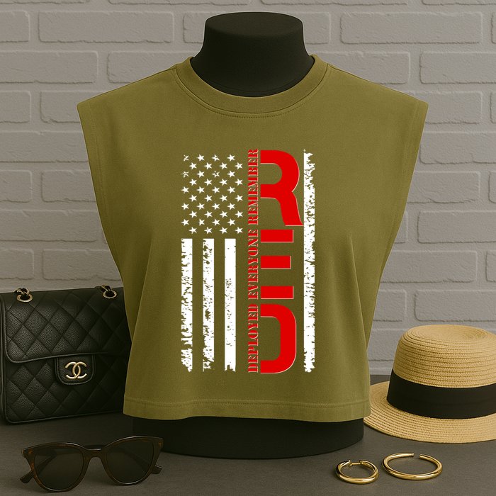 RED Remember Everyone Deployed Distressed US Flag Garment-Dyed Women's Muscle Tee