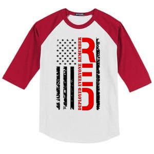 RED Remember Everyone Deployed Distressed US Flag Kids Colorblock Raglan Jersey