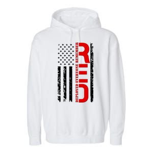 RED Remember Everyone Deployed Distressed US Flag Garment-Dyed Fleece Hoodie