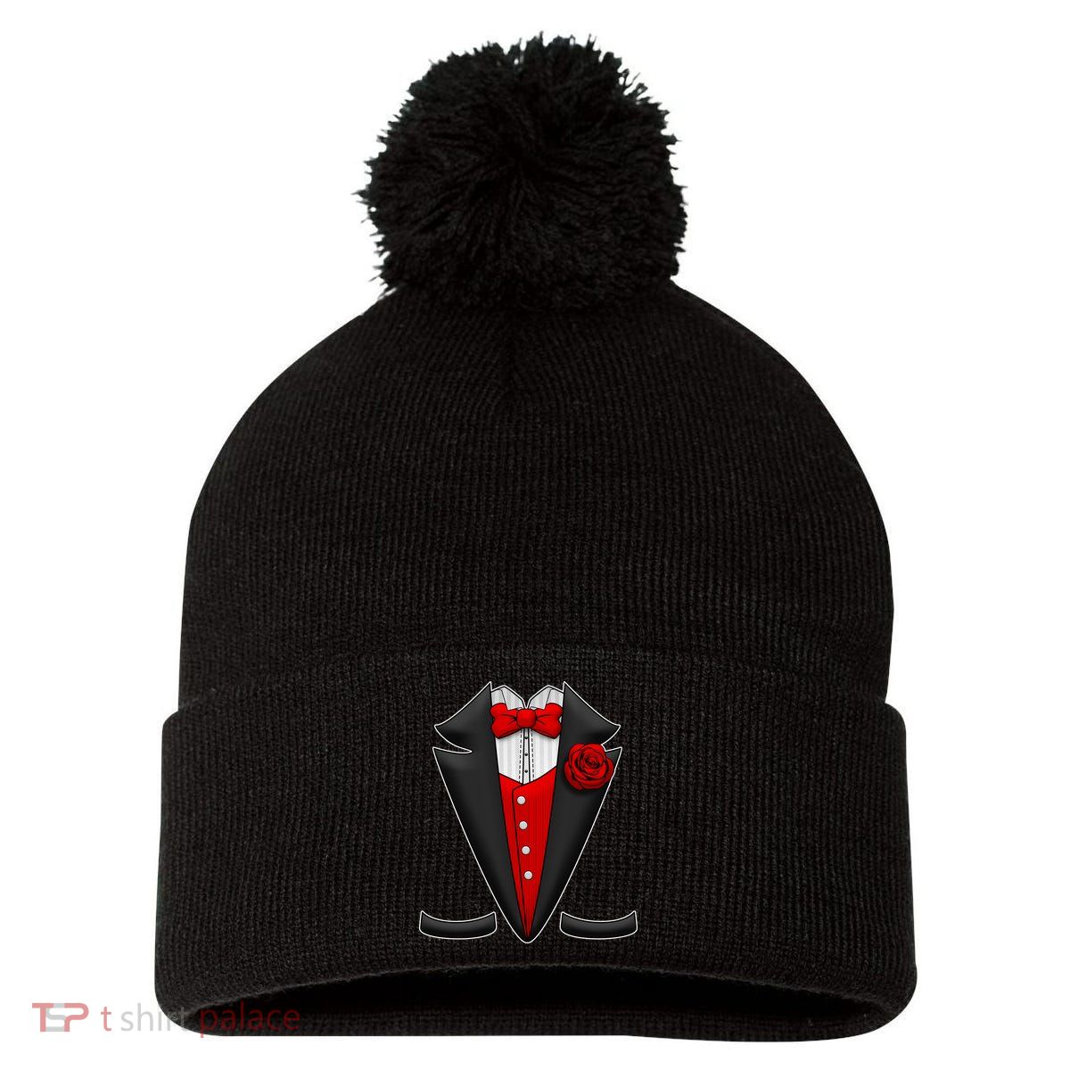 Red Rose Tuxedo Pom Pom 12in Knit Beanie