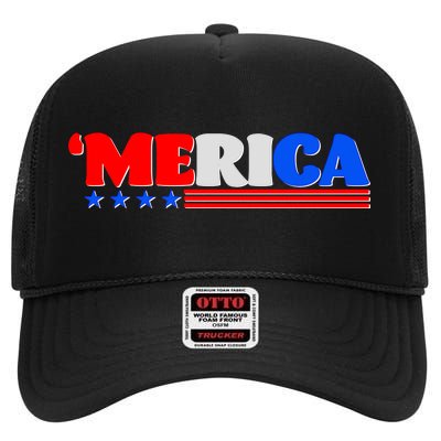 Red White & Blue 'Merica 4th Of July High Crown Mesh Back Trucker Hat