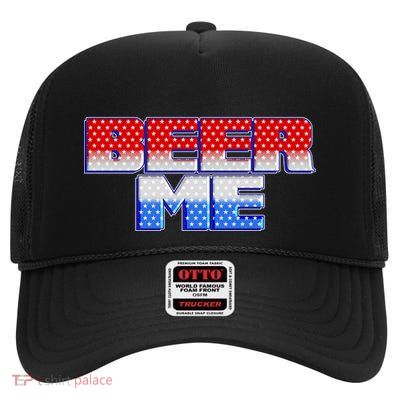 Red White And Blue Beer Me High Crown Mesh Back Trucker Hat