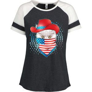 Red White and Blue Cowboy Cat Enza Ladies Jersey Colorblock Tee