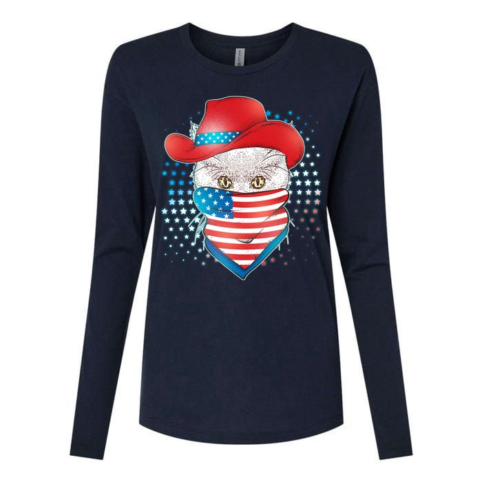 Red White and Blue Cowboy Cat Womens Cotton Relaxed Long Sleeve T-Shirt