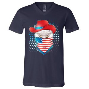 Red White and Blue Cowboy Cat V-Neck T-Shirt