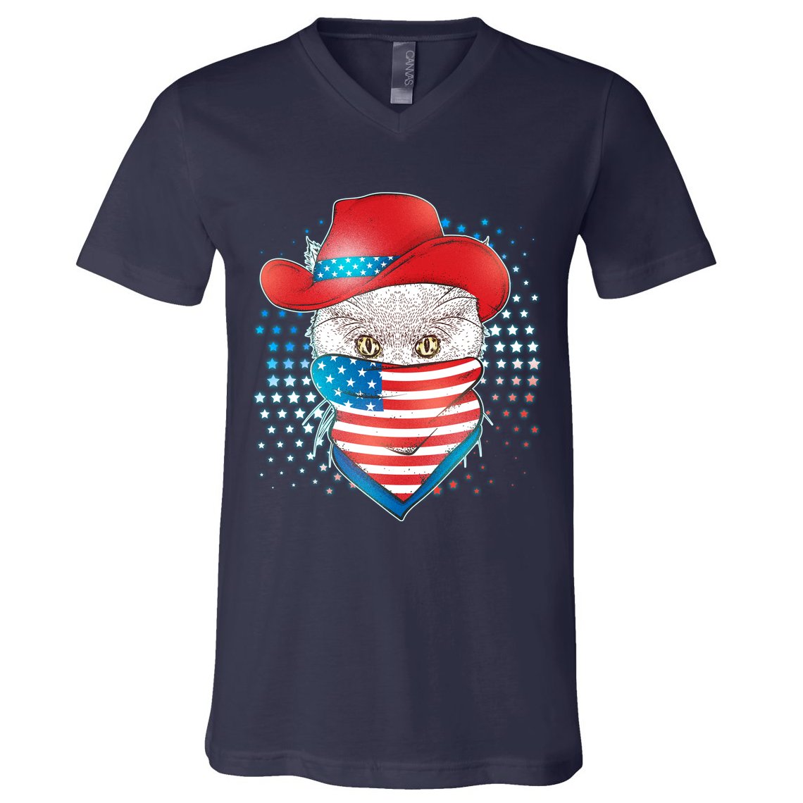 Red White and Blue Cowboy Cat V-Neck T-Shirt