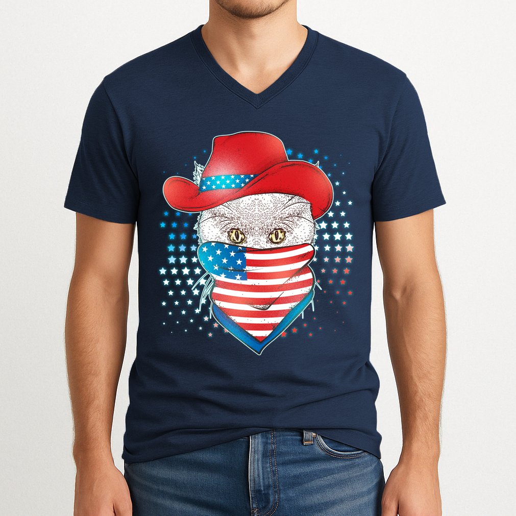 Red White and Blue Cowboy Cat V-Neck T-Shirt