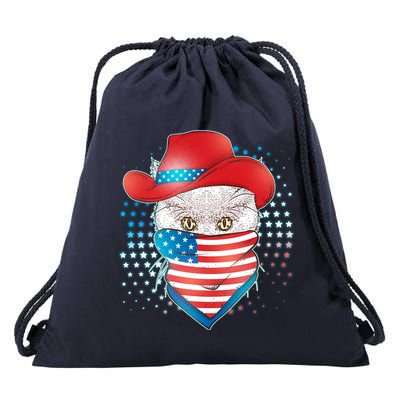 Red White and Blue Cowboy Cat Drawstring Bag