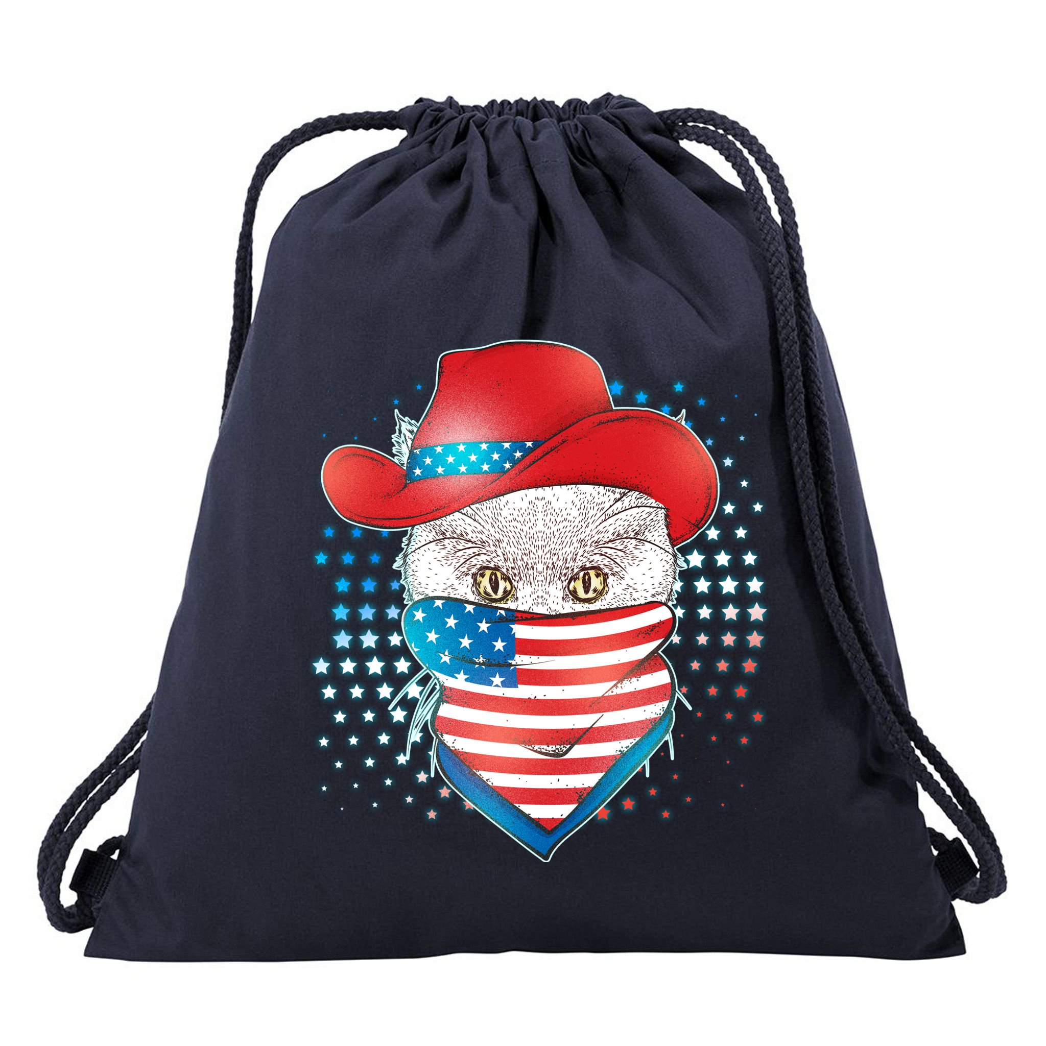 Red White and Blue Cowboy Cat Drawstring Bag