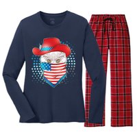 Red White and Blue Cowboy Cat Women's Long Sleeve Flannel Pajama Set 