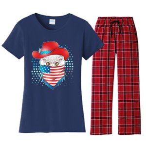 Red White and Blue Cowboy Cat Women's Flannel Pajama Set