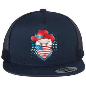 Red White and Blue Cowboy Cat Flat Bill Trucker Hat