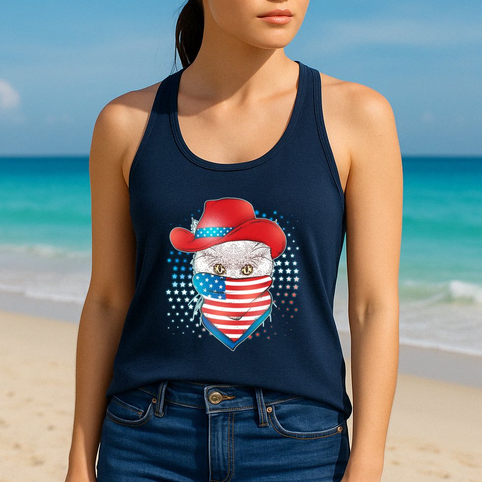 Red White and Blue Cowboy Cat Womens Tank Top