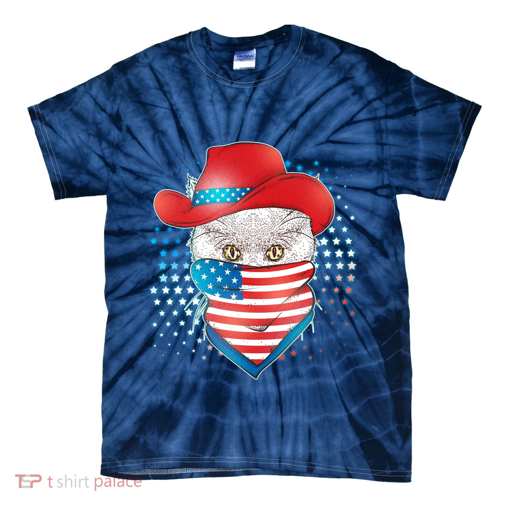 Red White and Blue Cowboy Cat Tie-Dye T-Shirt
