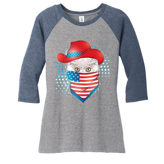 Red White and Blue Cowboy Cat Women's Tri-Blend 3/4-Sleeve Raglan Shirt