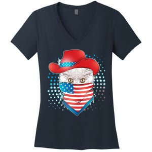 Red White and Blue Cowboy Cat Women's V-Neck T-Shirt