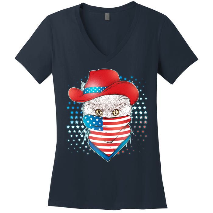 Red White and Blue Cowboy Cat Women's V-Neck T-Shirt