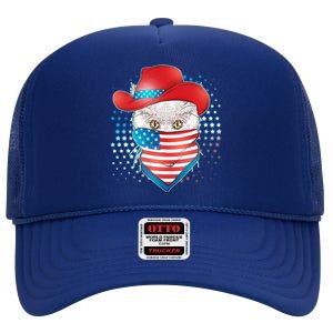 Red White and Blue Cowboy Cat High Crown Mesh Back Trucker Hat