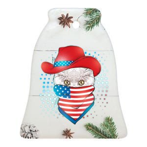 Red White and Blue Cowboy Cat Ceramic Bell Ornament