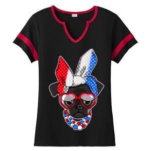 Red White And Blue Hipster Pug Ladies Halftime Notch Neck Tee